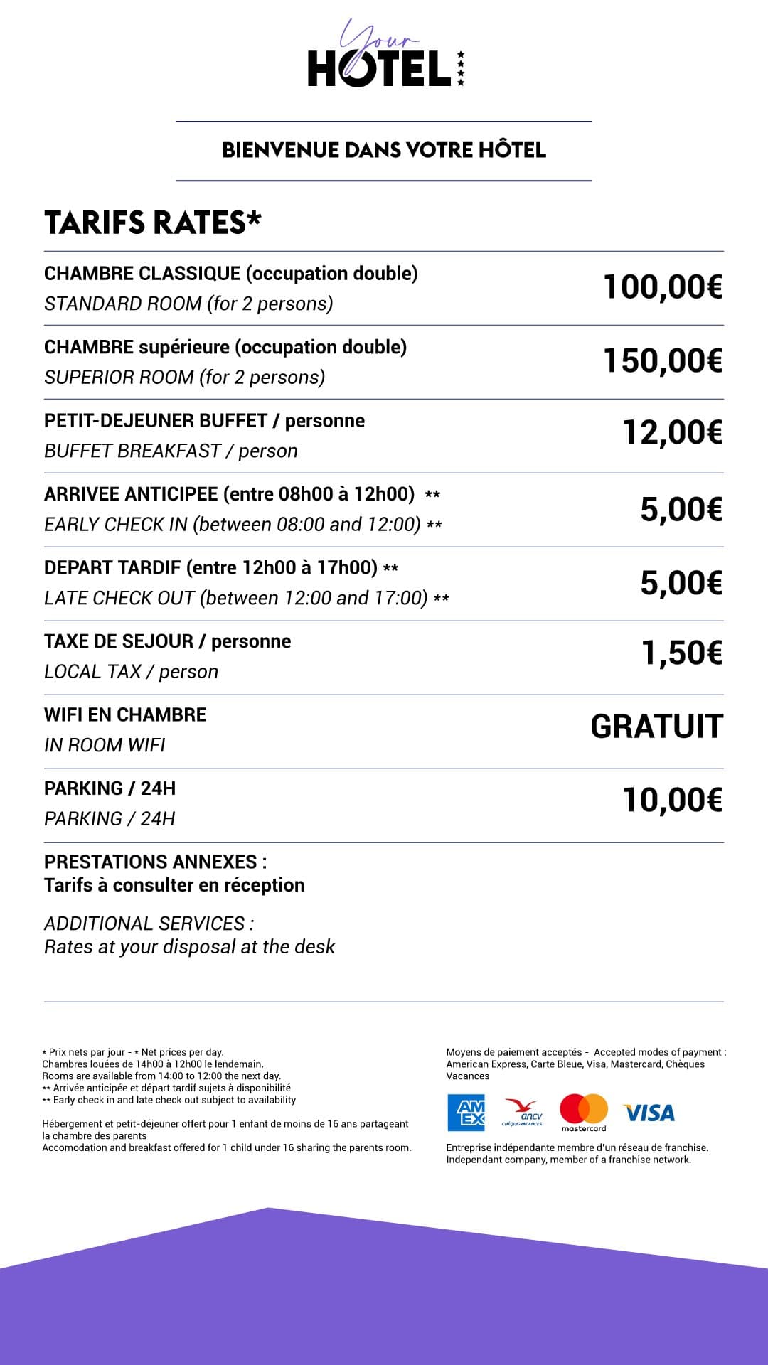 Grille tarifaire des prestations sur écran portrait