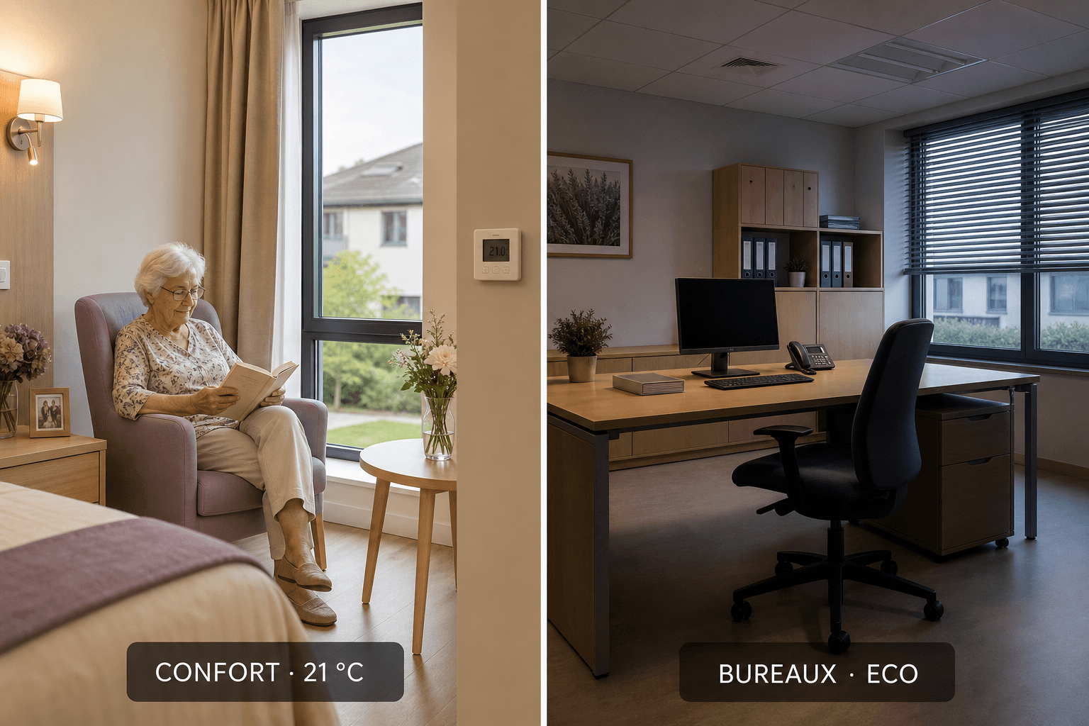 Comparaison entre une chambre de résident maintenue à 21 degrés pour son confort et des bureaux inoccupés placés en mode éco