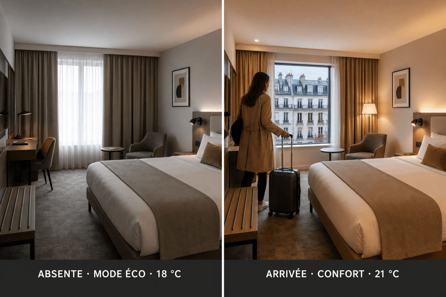 Comparaison de la même chambre d’hôtel en mode éco lorsqu’elle est absente puis à température de confort lors de l’arrivée du client