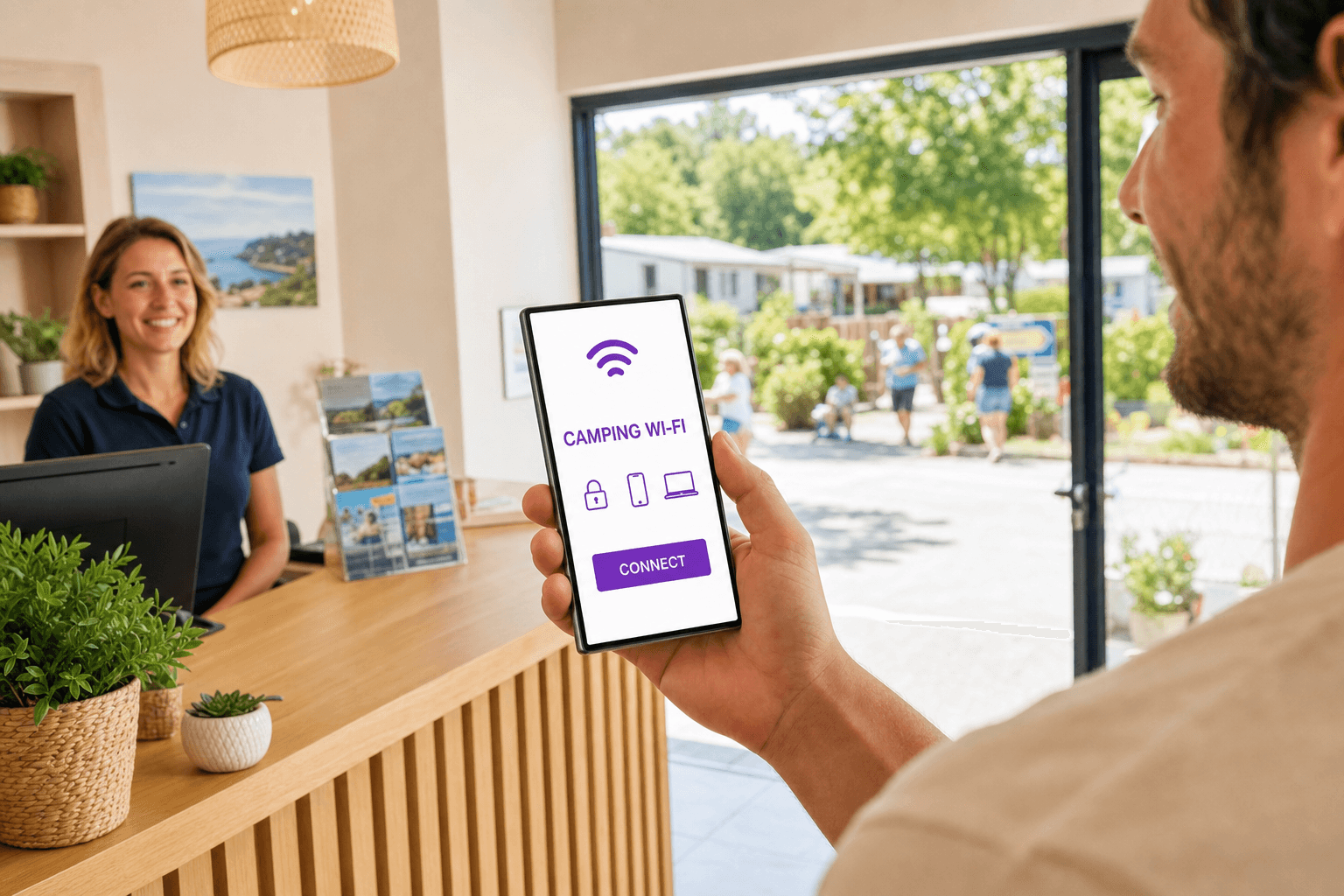Vacancier connectant son smartphone au portail captif Wi-Fi depuis l’accueil d’un camping